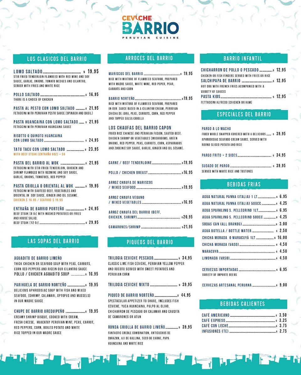 Peruvian menu featuring salads and seafood dishes