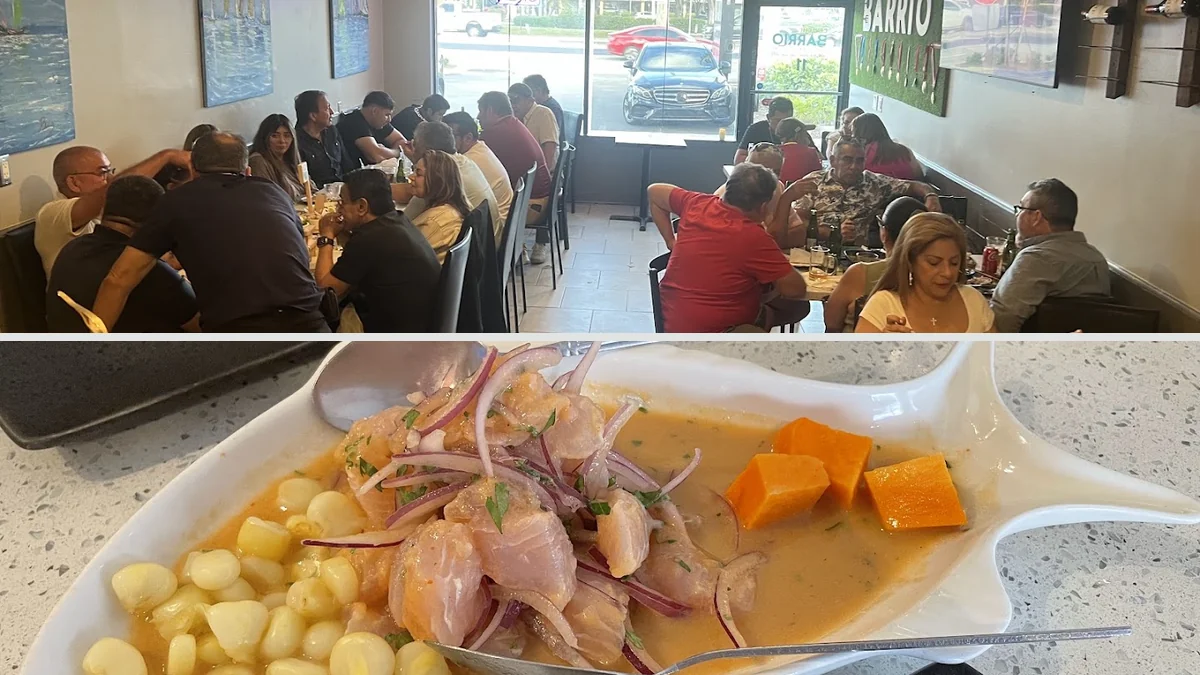 Plates of Peruvian seafood on a restaurant table