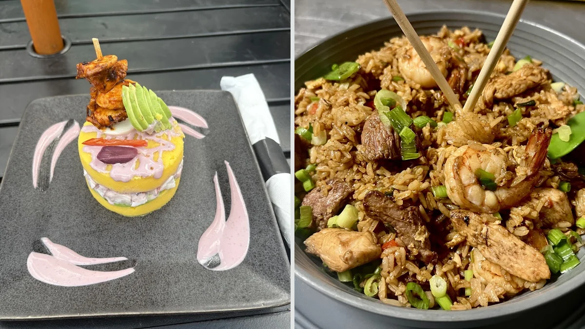 Plates of Peruvian seafood on a restaurant table